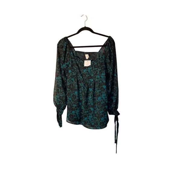 NWT Isabel Maternity Green &  Black Floral Chiffon Blouse Size Medium - Picture 3 of 7